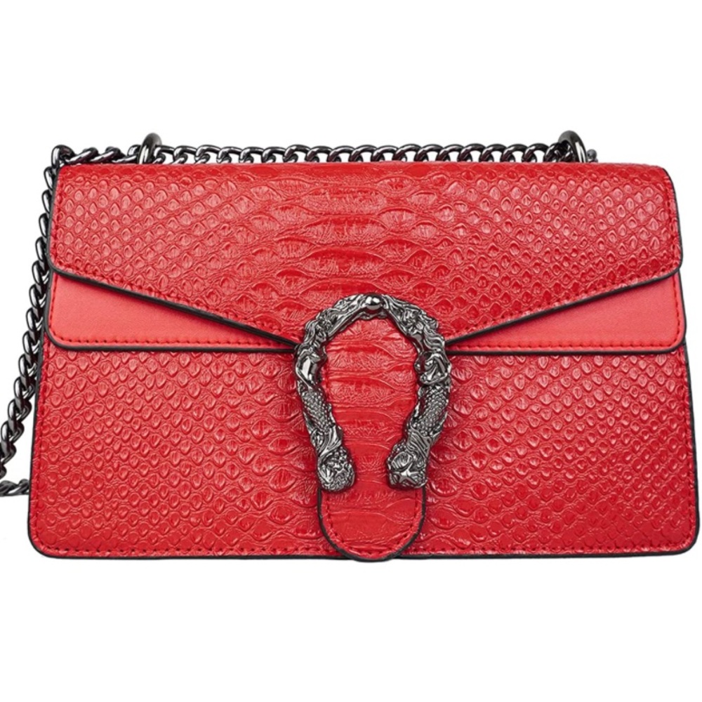 New Crossbody Fashion Chain Bag, Red,Flap Shoulder Bag, Snake Print